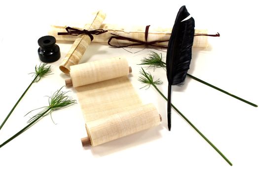 papyrus scrolls with pen and inkpot on a light background