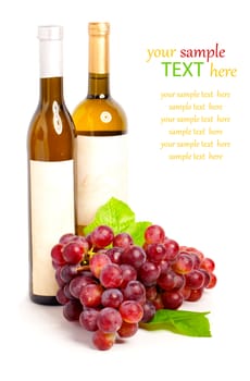 Wine bottle and red  grape with leaf,isolated on white background