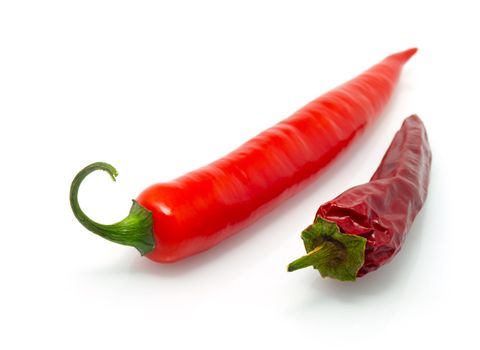 red hot chili pepper and dried red pepper, isolated on a white background