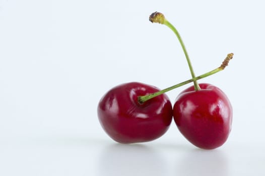 Two fresh red cherries with stem