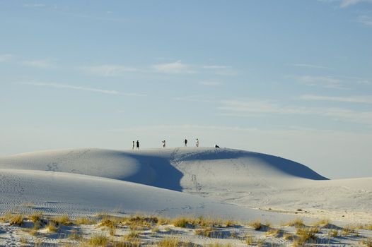 White Sands National Monument at sunset, featuring desert plants, hills and dunes against the horizon, New Mexico