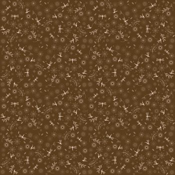 Brown background with stylized flowers and dragonflies