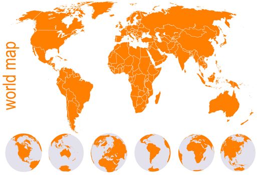 Orange detailed world map with Earth globes