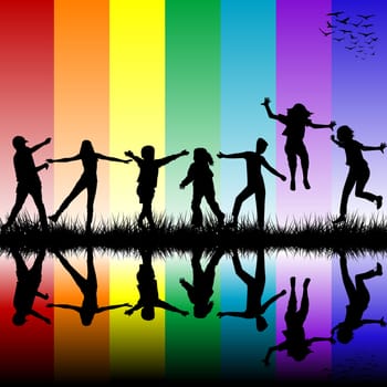 Children silhouettes over rainbow background