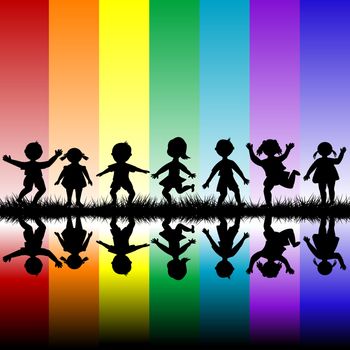 Kids playing over a rainbow background