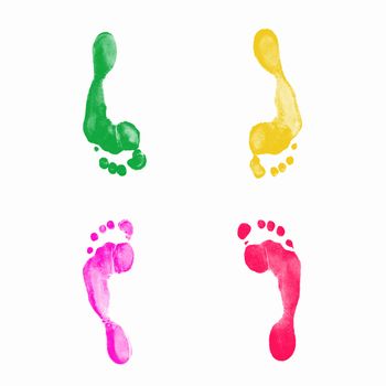 Colourful human foot prints on white background