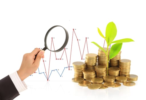 Coins and a magnifier. On a white background