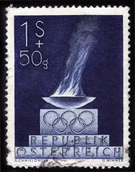 AUSTRIA - CIRCA 1948: A stamp printed in Austria shows a bowl with the Olympic flame, dedicated to the V Olympic Winter Games in St. Moritz, Switzerland in 1948, circa 1948