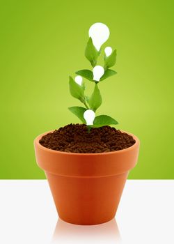 modern energy-saving concept, bright bulb in garden pot with small plant.