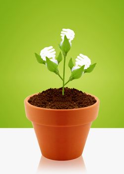 modern energy-saving concept, bright bulb in garden pot with small plant.