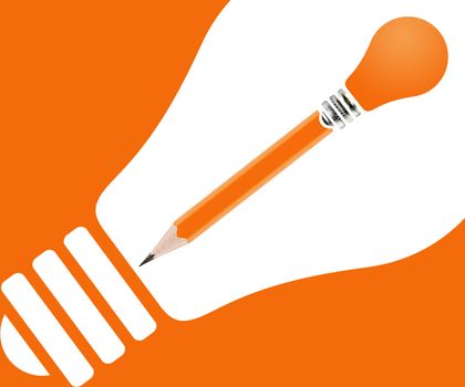 pencils and light bulb on orange background.