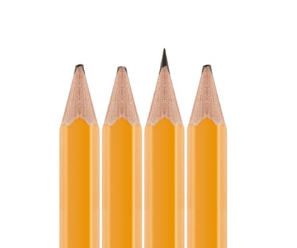 Sharpened pencil flipped in group of broken ones isolated on white background