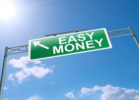 Illustration depicting a highway gantry sign with an easy money concept. Blue sky background.