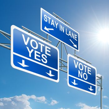 Illustration depicting a highway gantry sign with a voting concept. Blue sky background.