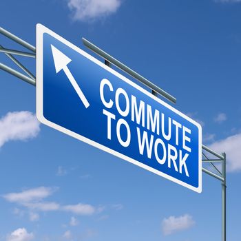 Illustration depicting a highway gantry sign with a commuting concept. Blue sky background.