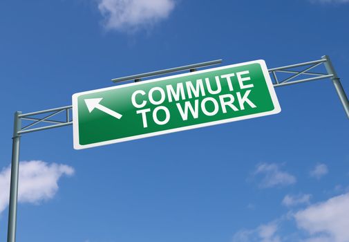 Illustration depicting a highway gantry sign with a commuting concept. Blue sky background.