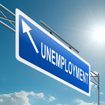 Illustration depicting a highway gantry sign with an unemployment concept. Blue sky background.