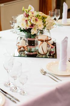 Festive table setting for wedding or other event