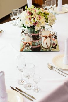 Festive table setting for wedding or other event