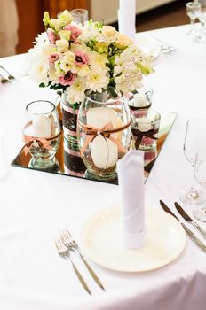 Festive table setting for wedding or other event