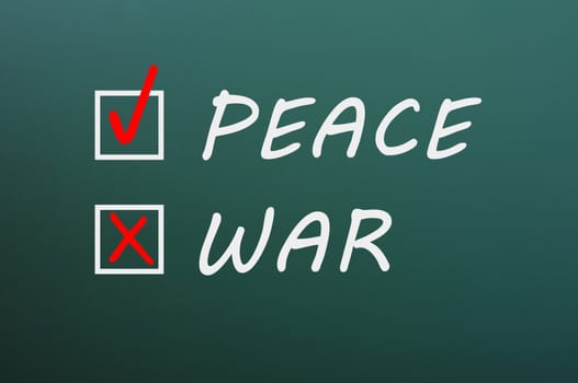 Options of peace and war with check boxes on a green chalkboard