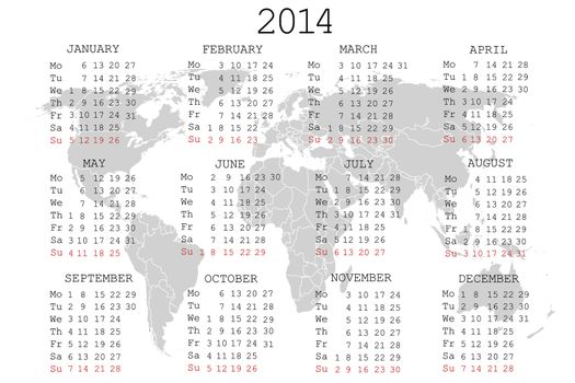 2014 Calendar with world map