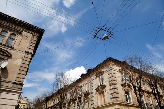 typical street in Lviv with blue sky