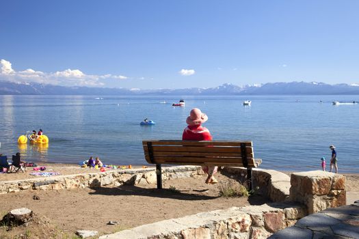 Activities and leisure on the beach and lake, Lake Tahoe CA.