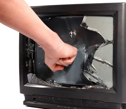 man's hand crush old television screen
