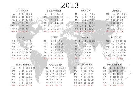 2013 Calendar with world map