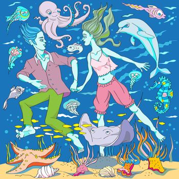 hand drawn fairy tale image of a young man and a young woman, underwater swimming among sea creatures