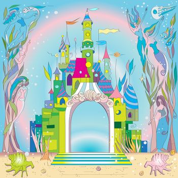 fairy tale castle under the sea, hand drawn composition with mermaids and fishes