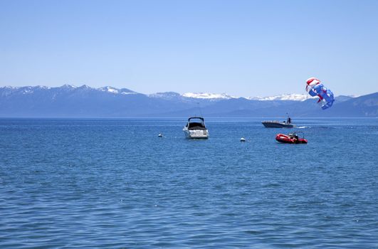 Getting ready for paragliding on lake Tahoe, CA.