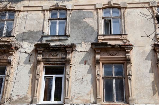 fragment of old wall with windows in Lviv
