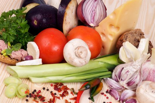 Ingredients of Simple Meals with Vegetables, Cheese and Spices closeup