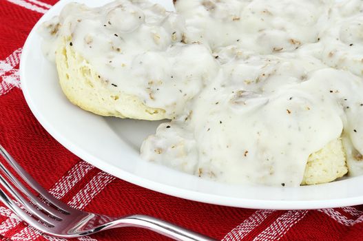 Homemade biscuits and gravy with sausage. 