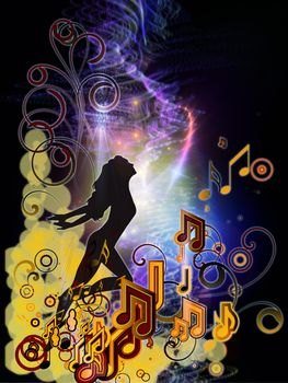 Arrangement of girl silhouette, notes, lights and abstract design elements on the subject of music, song, performance and dance