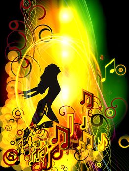 Composition of  girl silhouette, notes, lights and abstract design elements to serve as a supporting backdrop for projects on music, song, performance and dance