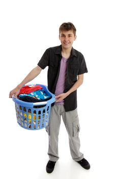 A teenage boy holding a basket of laundry.  White background.