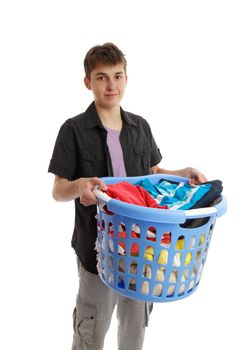 Boy with a basket full of washing or ironing.