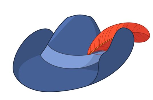 Dark blue musketeer's a felt hat with a red feather