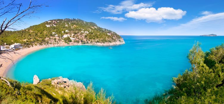 Aerial view of Caleta de Sant Vicent in Ibiza island cala de san Vicente