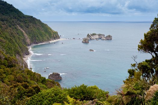 Unusual calm Tasman Sea at West Coast of South Island of New Zealand