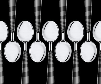 empty spoons with plastic hand isolated on black background