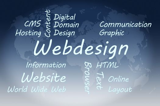 Webdesign wordcloud concept illustration on blue world map background