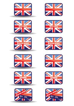 A set of twelve web buttons with a jubilee theme. Buttons with text and a grunge style effect set over the union jack flag. An additional set without a shadow effect to base. For web or print use.