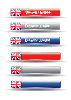 A set of six web navigation bars. Three with text related to the forthcoming Jubilee celebrations in the UK, and three additional bars without text. All with the union jack flag.