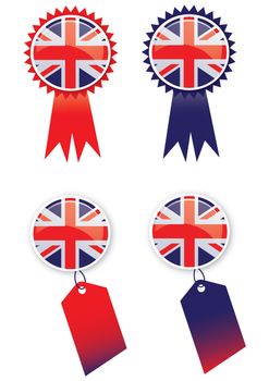 A set of four tags with a rosette and tag theme with glass effect buttons using the union jack flag. Ideal for web or print use.