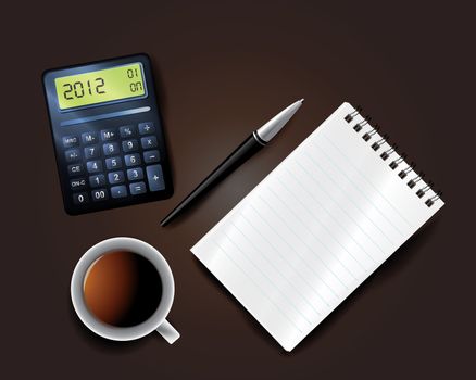 Business background including pen mobile notepad calculator and cup of coffee