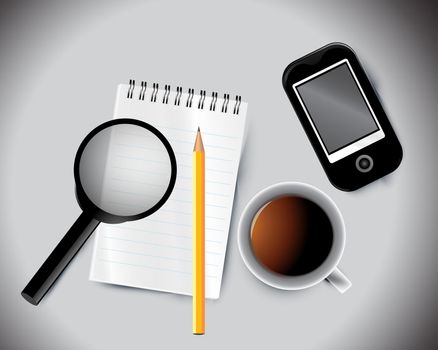 Business background including pencil mobile notepad and cup of tea